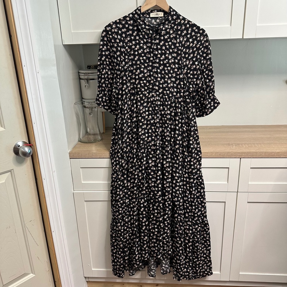 Natural Life Rebecca Midi Dress Womens S Black Ditsy Floral Tiered Button Front - Picture 2 of 16
